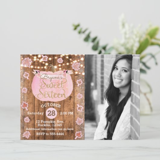 Invitation Citrouille rose Automne Rustique Sweet 16 Annivers (Debout devant)