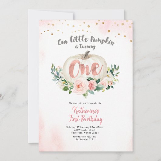 Invitation Citrouille rose blanc premier anniversaire Invitat (Devant)