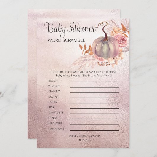 Invitation Citrouille rose Boho Pampas Baby shower Mot (Devant / Derrière)