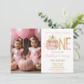 Invitation Citrouille rose chic 1er anniversaire Twin Girls P (Debout devant)