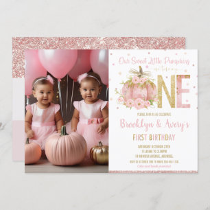 Invitation Citrouille rose chic 1er anniversaire Twin Girls P