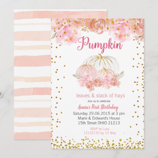 Invitation citrouille rose Citrouille d'or rose 1er anniversa (Devant / Derrière)
