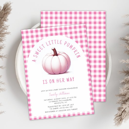 Invitation Citrouille rose En vichy Plaid Baby Girl Baby show