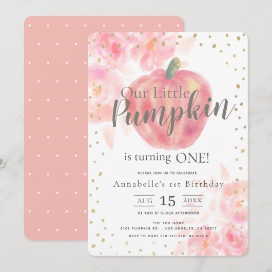 Invitation Citrouille rose et aquarelle florale fille 1er ann (Devant / Derrière)