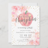 Invitation Citrouille rose et aquarelle florale fille 1er ann (Devant)