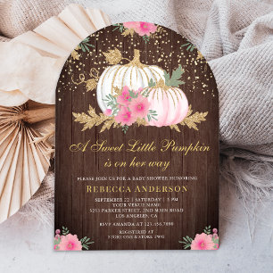 Invitation Citrouille rose et or  Arch Baby shower en bois