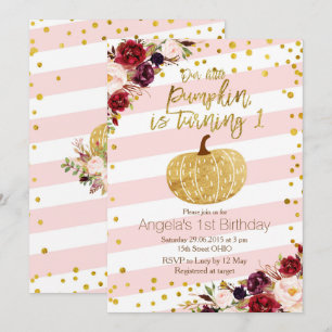 Invitation Citrouille rose et or Premier anniversa