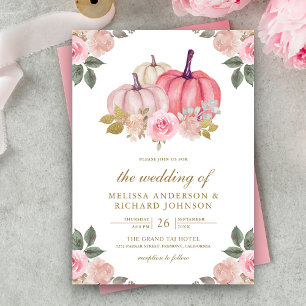 Invitation Citrouille rose et or rustique Mariage floral