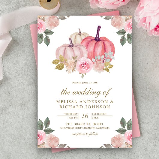 Invitation Citrouille rose et or rustique Mariage floral