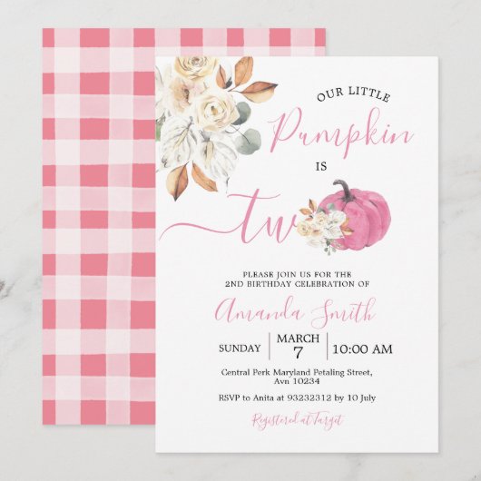 Invitation Citrouille Rose Fardée Automne Amour Est Deux Anni (Devant / Derrière)