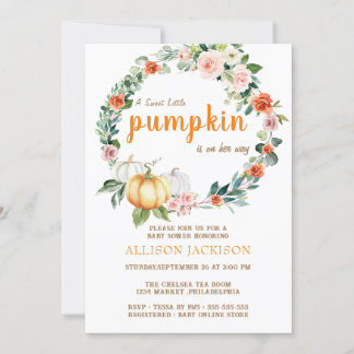 Invitation Citrouille rose fille Baby shower Floral Aquarelle