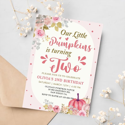 Invitation Citrouille rose floral 2e fête d'anniversaire
