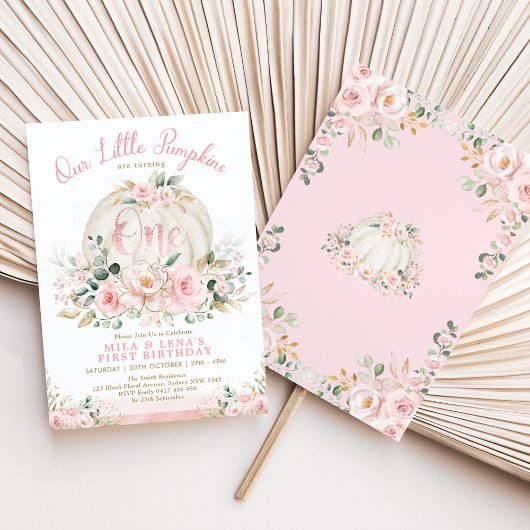 Invitation Citrouille rose floral jumeau soeur conjointe 1er 