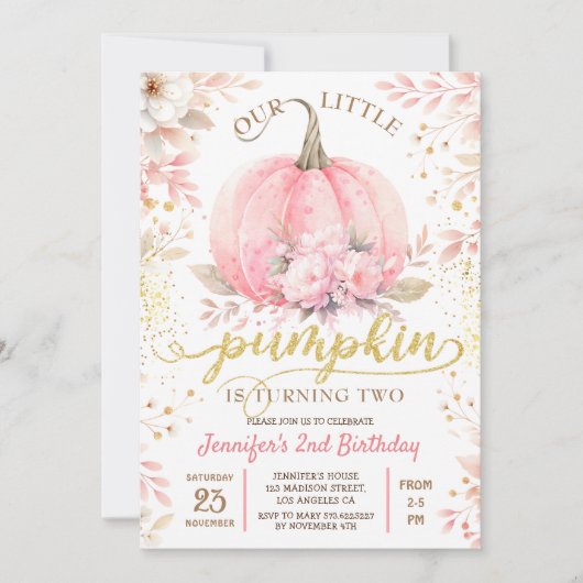 Invitation Citrouille rose Floral Parties scintillant or fill (Devant)