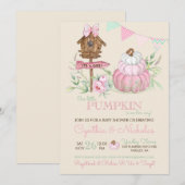 Invitation Citrouille rose Patch Birdhouse Girl Baby shower (Devant / Derrière)