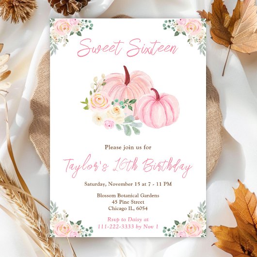 Invitation Citrouille rose Sweet sixteen floral