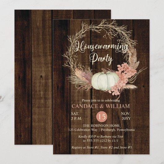 Invitation Citrouille Russe Pampas Wreath Fête de réchauffeme (Devant / Derrière)