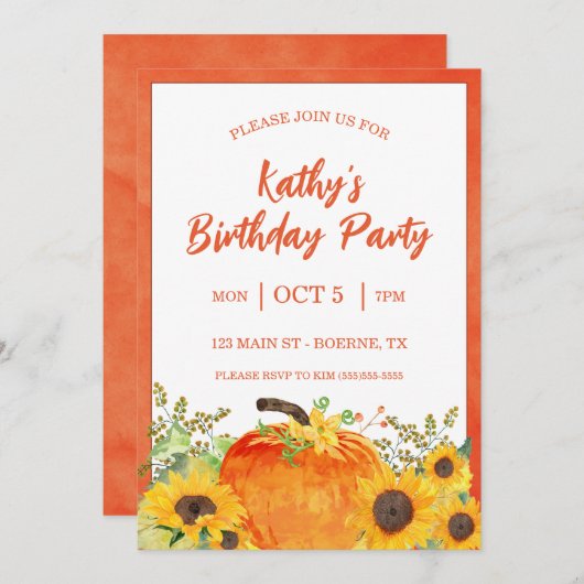 Invitation Citrouille rustique automne anniversaire (Devant / Derrière)