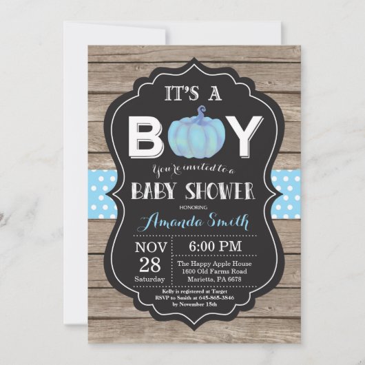 Invitation Citrouille rustique Automne Baby shower bleu Invit (Devant)