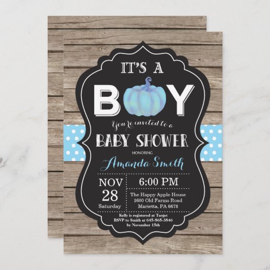 Invitation Citrouille rustique Automne Baby shower bleu Invit (Devant / Derrière)