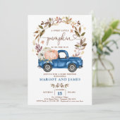 Invitation Citrouille rustique Baby shower bleu classique (Debout devant)