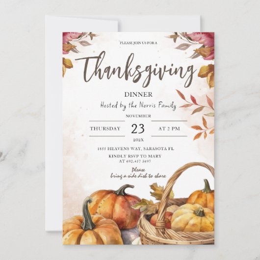 Invitation Citrouille rustique | Dîner d'action de grâces aqu (Devant)