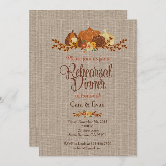 Invitation Citrouille rustique d'invitation de dîner de (Devant / Derrière)