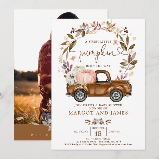 Invitation Citrouille rustique Pickup Truck Baby shower en te (Devant / Derrière)