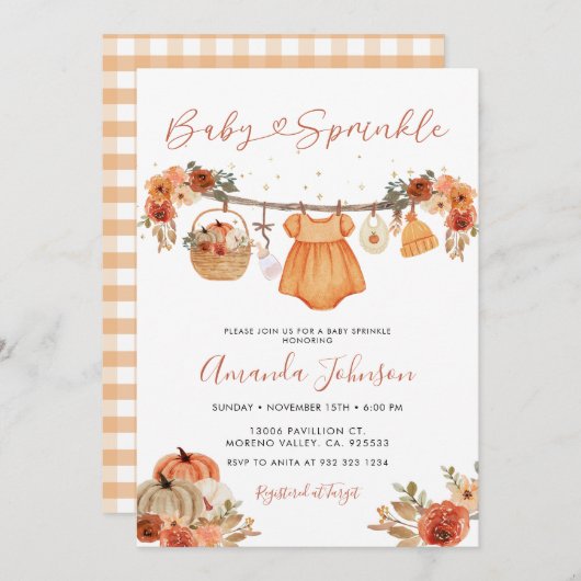 Invitation Citrouille rustique Vêtements de bébé Bébé Parseme (Devant / Derrière)