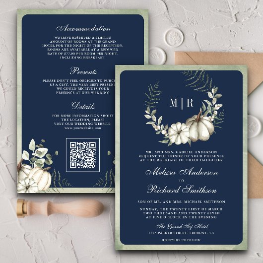 Invitation Citrouille Sage Green Wreath QR Code Marine Mariag