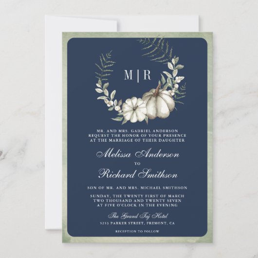 Invitation Citrouille Sage Green Wreath QR Code Marine Mariag (Devant)