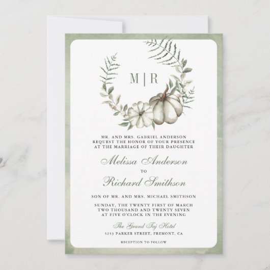 Invitation Citrouille Sage vert Wreath QR Code Mariage (Devant)