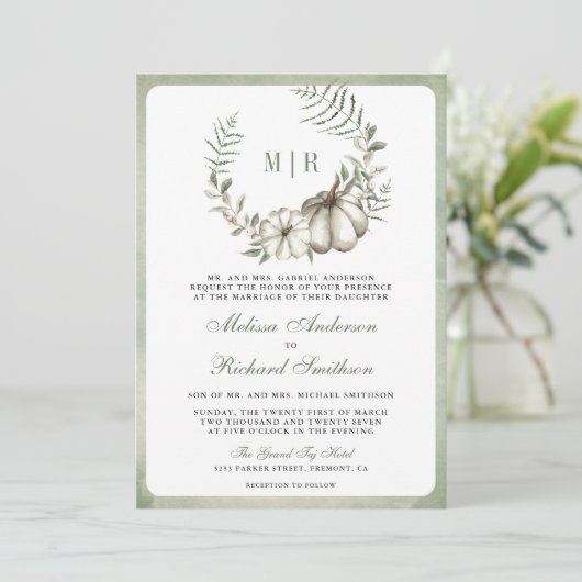Invitation Citrouille Sage vert Wreath QR Code Mariage (Debout devant)