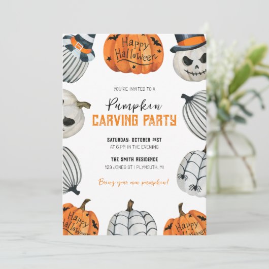 Invitation Citrouille Soirée de sculpture Halloween Invitatio (Debout devant)