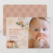 Invitation Citrouille Spice Boho Floral rose 1er anniversaire (Devant / Derrière)