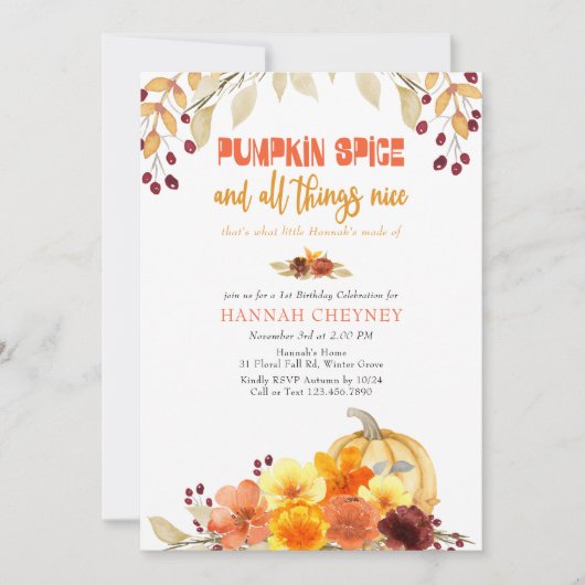 Invitation Citrouille Spice Poem Fleurs d'automne N'importe q (Devant)