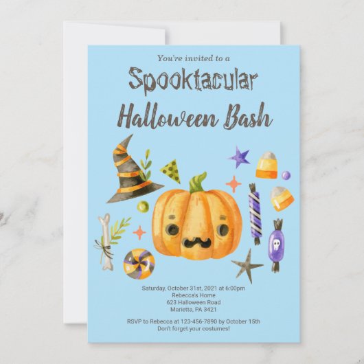 Invitation Citrouille Spooktacular Halloween Bash Party Bleu (Devant)
