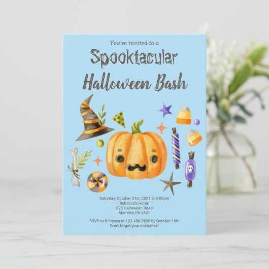 Invitation Citrouille Spooktacular Halloween Bash Party Bleu (Debout devant)
