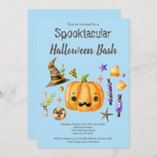 Invitation Citrouille Spooktacular Halloween Bash Party Bleu (Devant / Derrière)