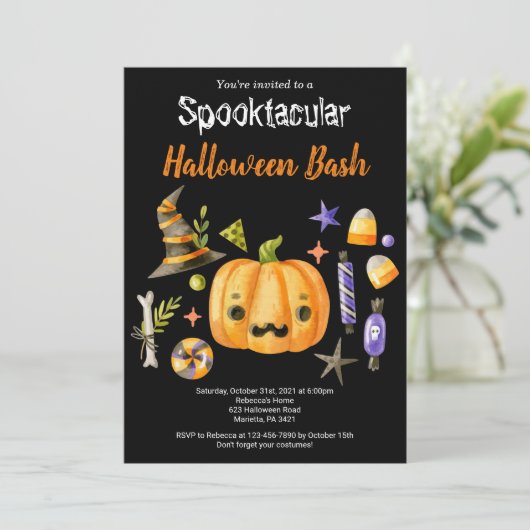 Invitation Citrouille Spooktacular Halloween Bash Party Noir (Debout devant)