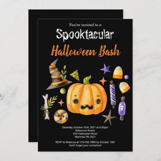 Invitation Citrouille Spooktacular Halloween Bash Party Noir (Devant / Derrière)