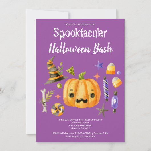 Invitation Citrouille Spooktacular Halloween Bash Party viole (Devant)