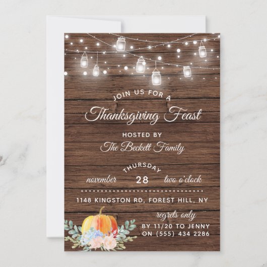 Invitation Citrouille & String Lights Rustique Thanksgiving D (Devant)