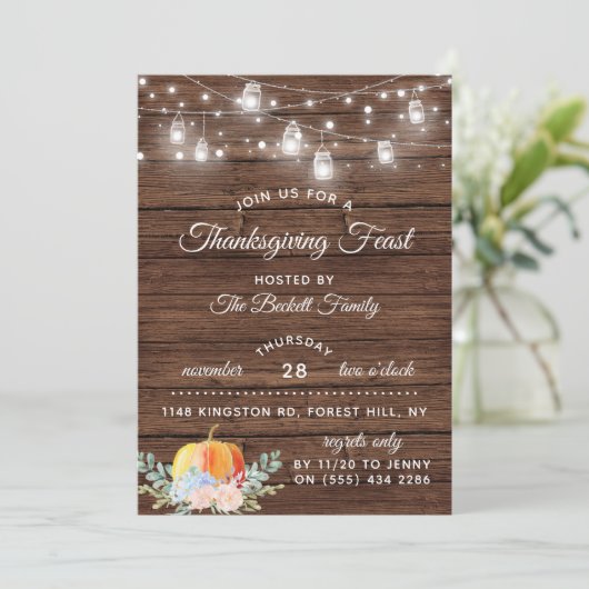 Invitation Citrouille & String Lights Rustique Thanksgiving D (Debout devant)
