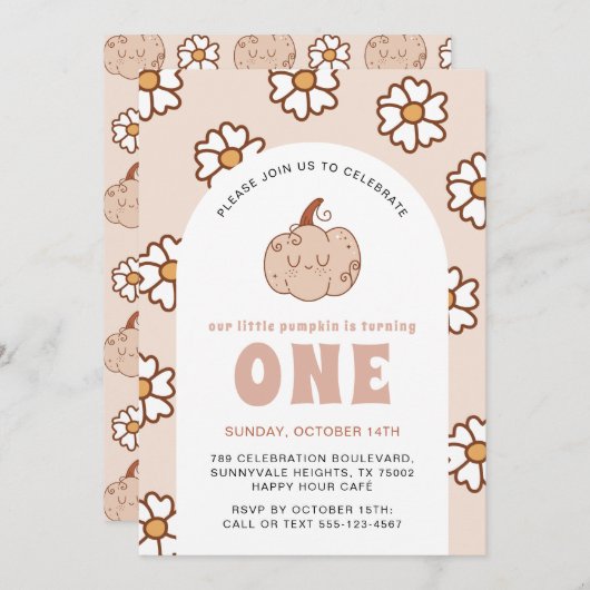 Invitation Citrouille super Daisies Retro Boho Premier annive (Devant / Derrière)