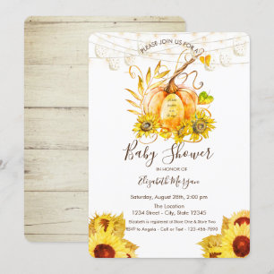 Invitation Citrouille, texture de bois, tournesols Baby Showe