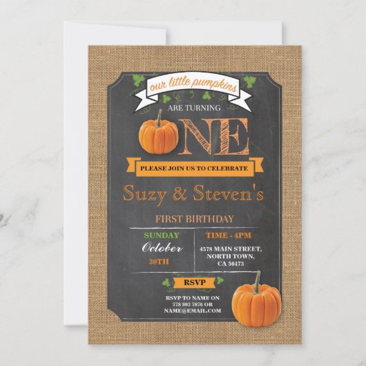 Invitation Citrouille Twins 1er Premier anniversaire Invitati (Devant)