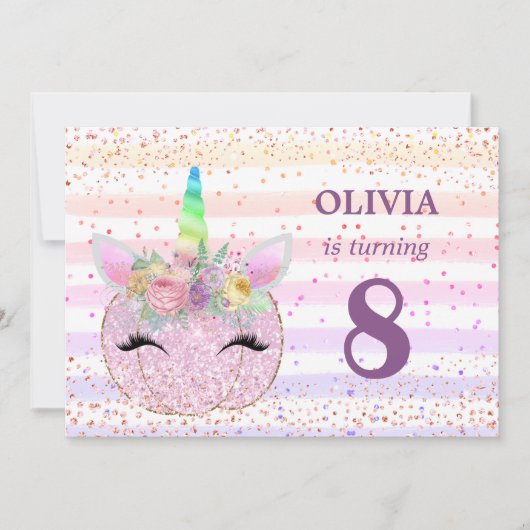 Invitation Citrouille Unicorn Girls 8e anniversaire (Devant)