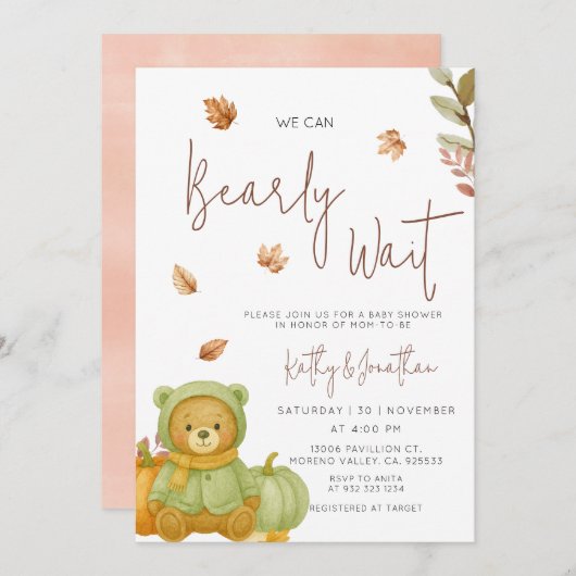 Invitation Citrouille vert Nous pouvons Bearly Wait Baby show (Devant / Derrière)