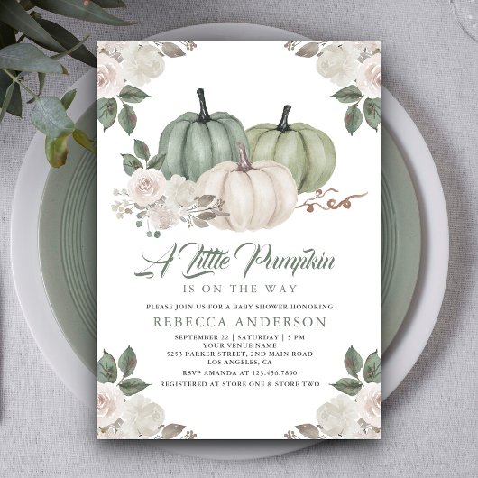 Invitation Citrouille vert Sage Baby shower d'automne Floral